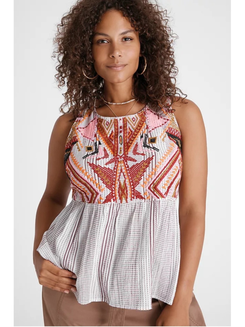 Women's entro Plus 1X Beige Multi-color Embroidered Tank Top